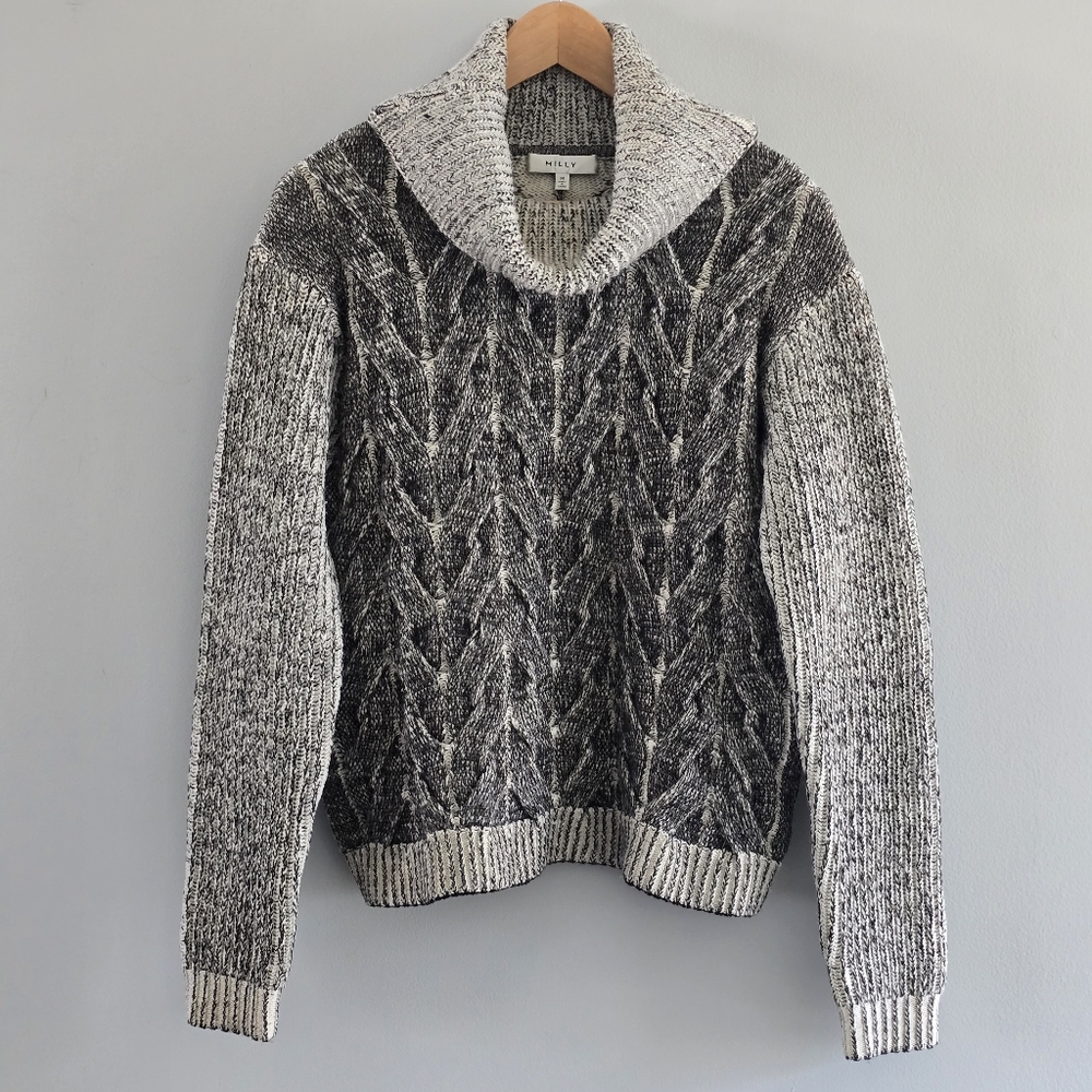 Milly 100% Marled Wool Cable-knit Cowl Neck Sweater In Black Tones Size M